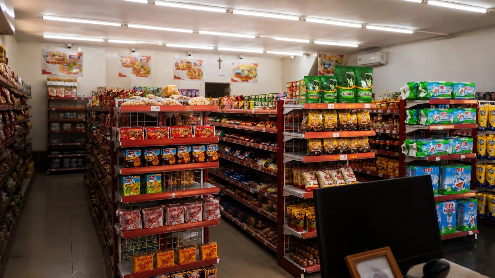 Interior BTM Mart Semitau dengan rak produk kebutuhan harian