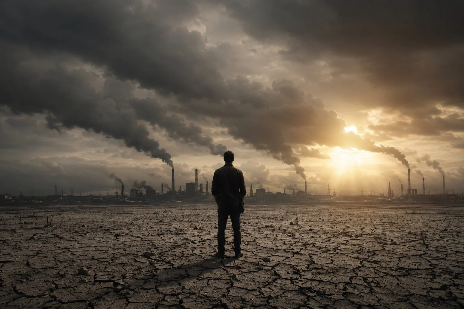Seorang pria berdiri sendiri di atas tanah retak menatap deretan cerobong pabrik yang mengepulkan asap di bawah langit mendung saat matahari terbenam / A lone man stands on cracked dry earth, gazing at a row of factory smokestacks billowing smoke beneath a clouded sunset sky