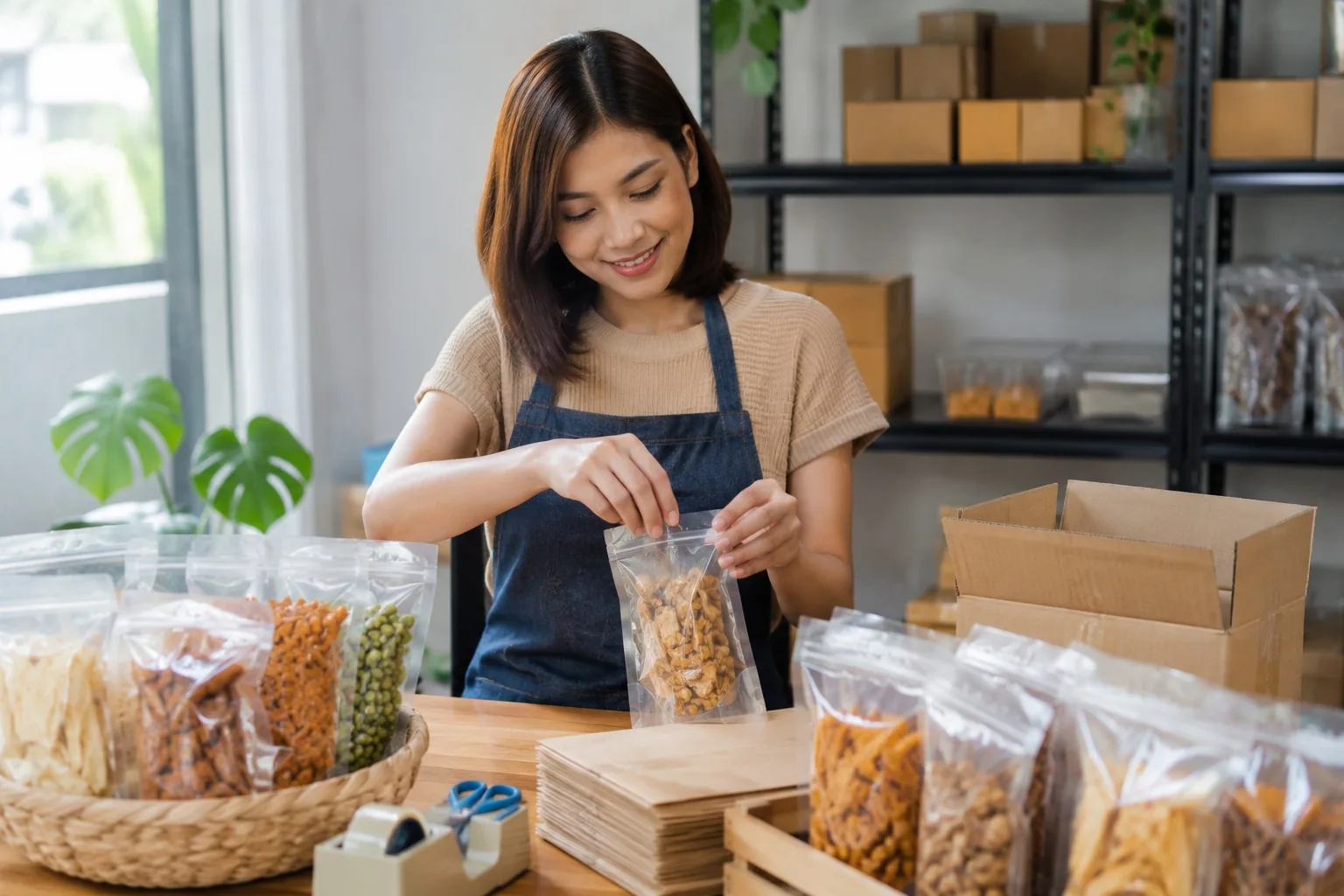 Seorang pelaku UMKM perempuan tersenyum sambil mengemas camilan ke dalam kantong plastik berperekat di atas meja kayu yang penuh paket-paket produk siap kirim / A smiling woman MSME entrepreneur packs snacks into a resealable plastic pouch on a wooden table filled with packaged products ready to ship