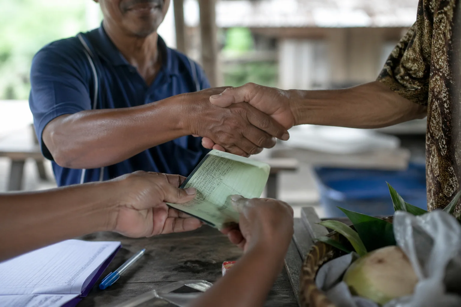 Dua orang berjabat tangan di atas meja kayu, salah satunya menyerahkan buku tabungan koperasi berwarna hijau, dengan keranjang nanas dan buku catatan di sekitarnya / Two people shaking hands over a wooden table while passing a green cooperative passbook, with a basket of pineapples and a notebook nearby