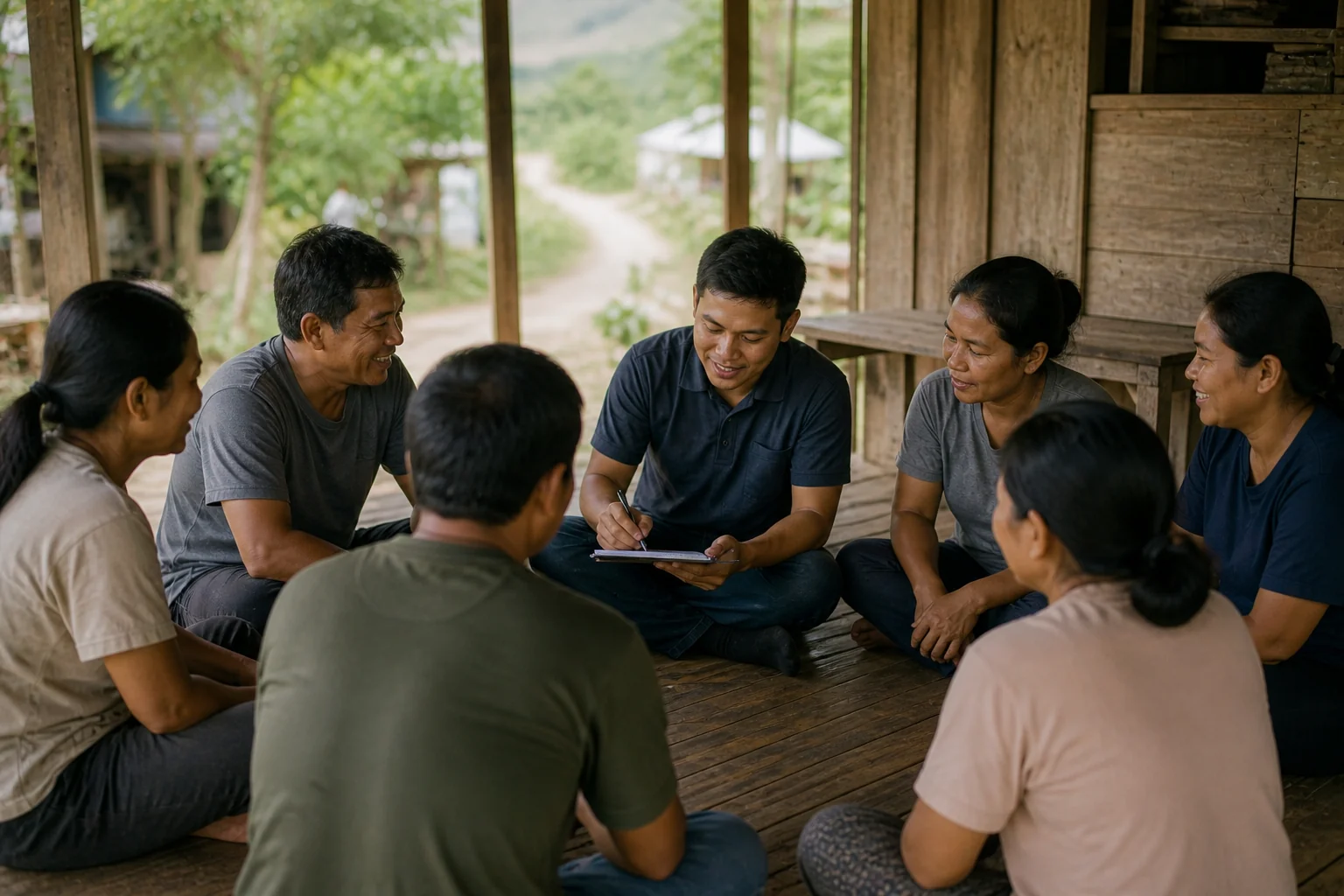 Tujuh anggota komunitas duduk melingkar di lantai balai kayu, salah satunya mencatat di buku, dengan latar pemandangan kampung dan pepohonan hijau / Seven community members sit in a circle on the wooden floor of an open hall, one taking notes, with a village and green trees in the background