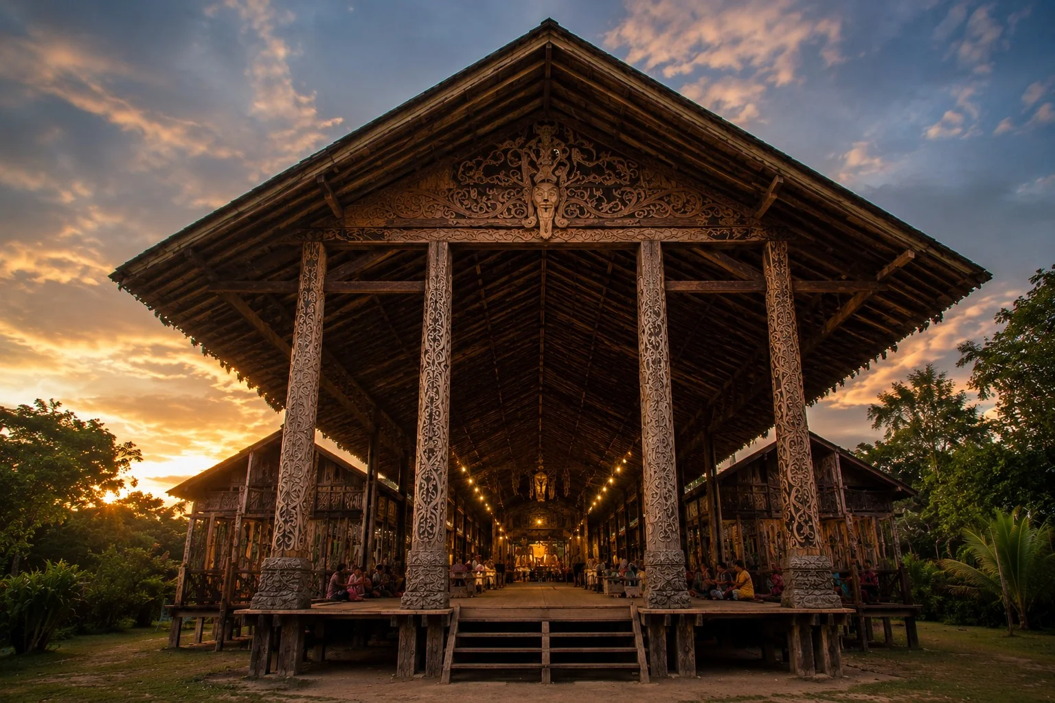 Rumah panjang adat Dayak dengan empat tiang utama berukir, atap melengkung berhiaskan ukiran, warga duduk di lantai panggung saat matahari terbenam / A traditional Dayak longhouse with four carved main posts, a curved roof adorned with carvings, and villagers seated on the raised floor as the sun sets