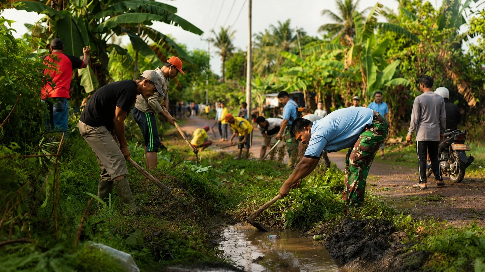 Warga kampung bergotong royong membersihkan parit di tepi jalan tanah, dikelilingi pohon pisang dan kebun hijau, dengan seorang anggota TNI ikut bekerja bersama / Villagers work together cleaning a roadside ditch surrounded by banana trees and green gardens, with a member of the Indonesian army joining the work