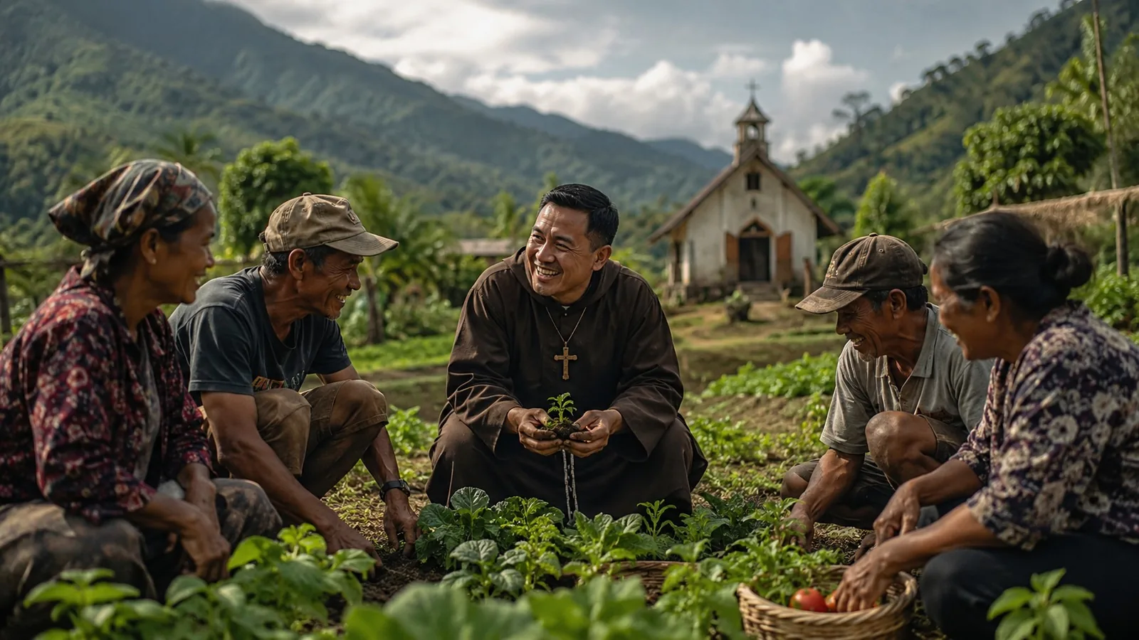 Seorang imam Katolik berjubah cokelat dan berkalung salib berbincang sambil tersenyum dengan empat petani di kebun sayur, dengan gereja kecil dan latar perbukitan hijau di belakangnya / A Catholic priest in a brown habit wearing a cross talks and smiles with four farmers in a vegetable garden, with a small church and green mountains in the background