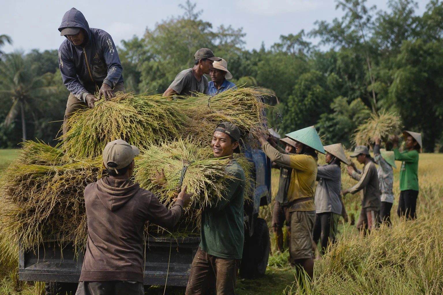 Sekelompok petani gotong royong memuat ikatan padi yang baru dipanen ke atas truk di tepi sawah, sebagian mengenakan caping / A group of farmers working together loading bundles of freshly harvested rice onto a truck at the edge of a paddy field, some wearing conical bamboo hats