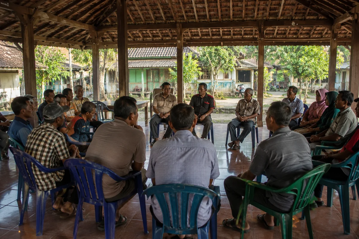 Anggota komunitas duduk melingkar di balai kayu dalam sesi musyawarah, perwujudan partisipasi kewargaan yang menjadi inti gerakan koperasi / Community members sit in a circle inside a wooden pavilion for a deliberation session, embodying the civic participation at the heart of the cooperative movement