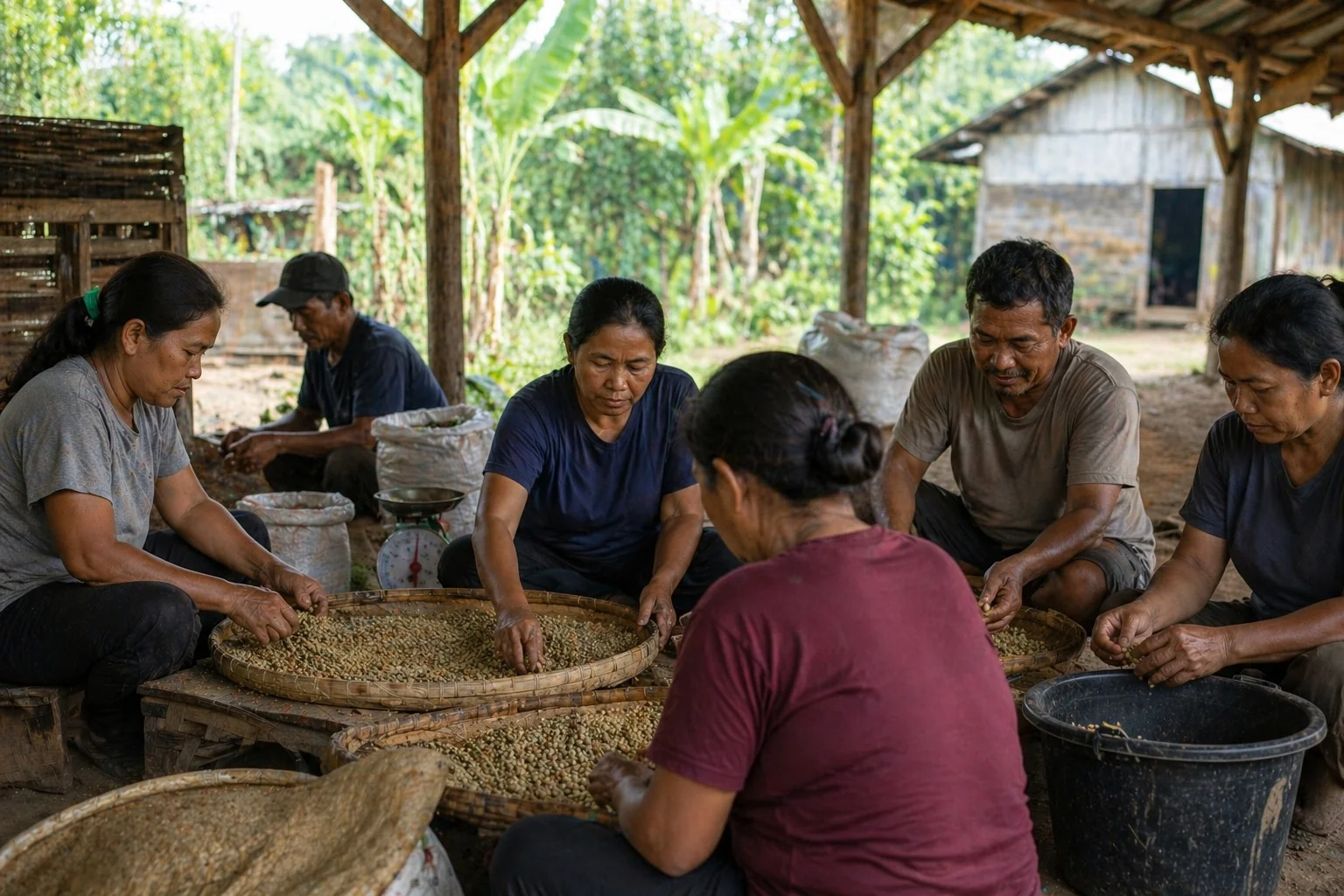 Anggota koperasi sektor riil menyortir biji kopi bersama di bawah pondok kayu, kerja kolektif yang menghidupkan koperasi dari bawah / Real sector cooperative members sort coffee beans together under a wooden shelter, the collective work that keeps the cooperative alive from below