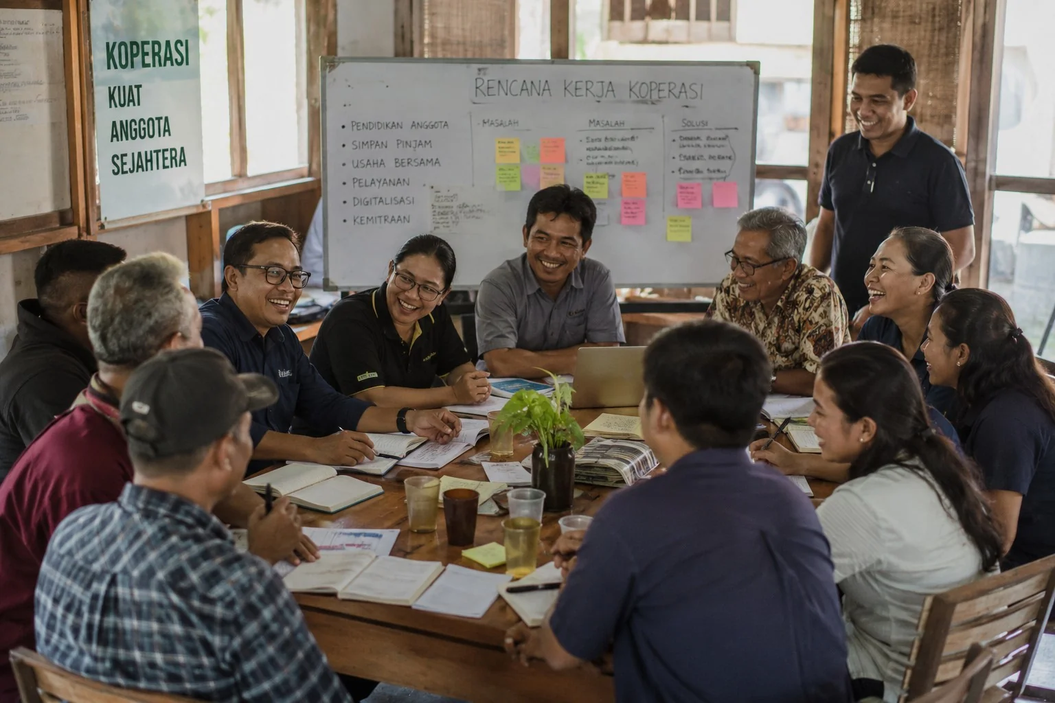 Pengurus dan anggota koperasi berdiskusi rencana kerja di sekitar meja kayu, dengan whiteboard bertuliskan Rencana Kerja Koperasi di belakang / Cooperative leaders and members discussing their work plan around a wooden table, with a whiteboard reading Rencana Kerja Koperasi (Cooperative Work Plan) behind them