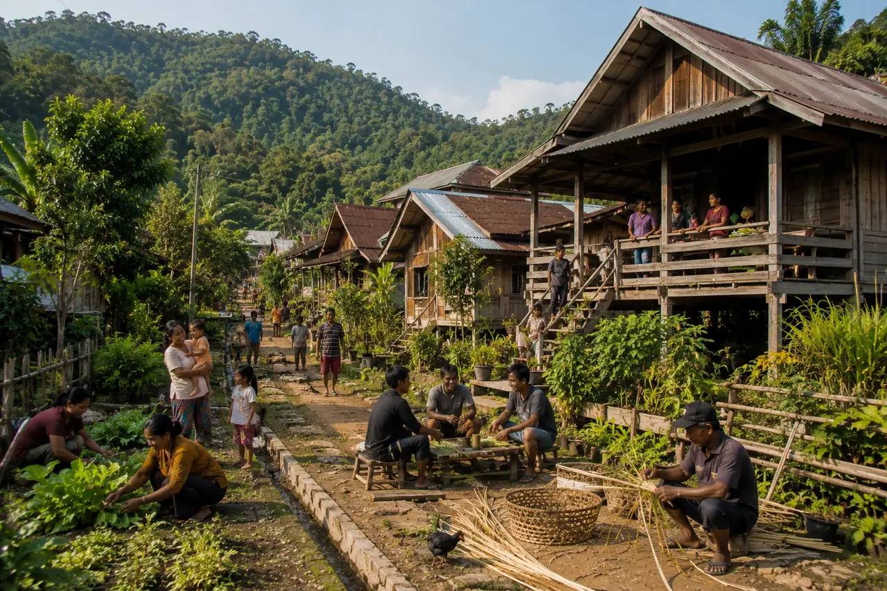 Sebuah kampung Dayak dengan rumah-rumah kayu berpanggung, warga bergotong royong berkebun dan menganyam keranjang bambu, berlatar perbukitan hijau / A Dayak village with stilted wooden houses, residents working together gardening and weaving bamboo baskets, set against green hills