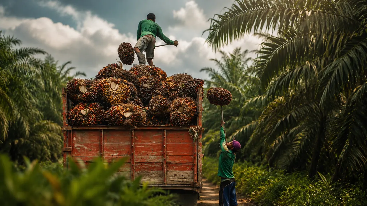 Pemuatan Tandan Buah Segar dari kebun anggota ke truk pengangkut