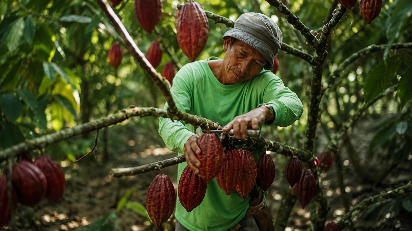 Petani anggota Keling Kumang Agro memetik buah kakao di kebun anggota