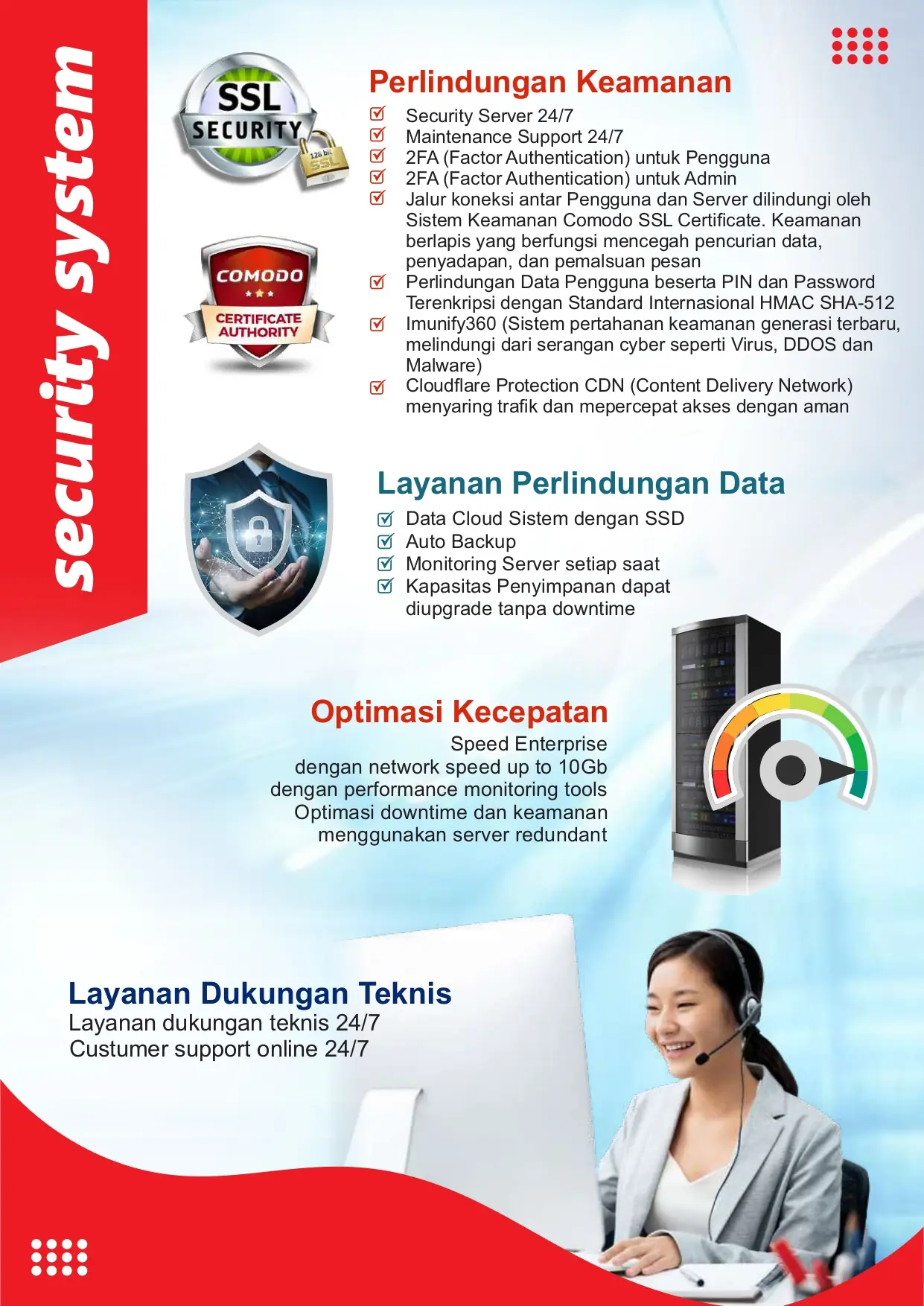 Sistem keamanan Sasuka: SSL, Comodo, 2FA, auto backup, dukungan 24/7