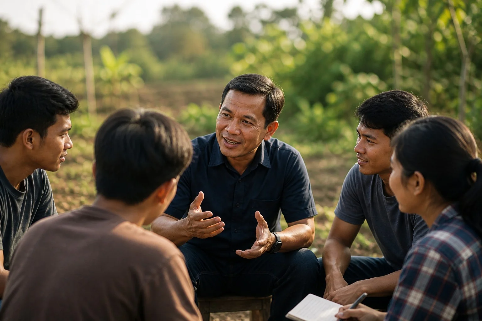 Seorang pemimpin senior berbincang penuh perhatian dengan empat anak muda yang duduk melingkar di tepi kebun saat sore hari / A senior leader speaks attentively with four young people sitting in a circle at the edge of a garden in the late afternoon