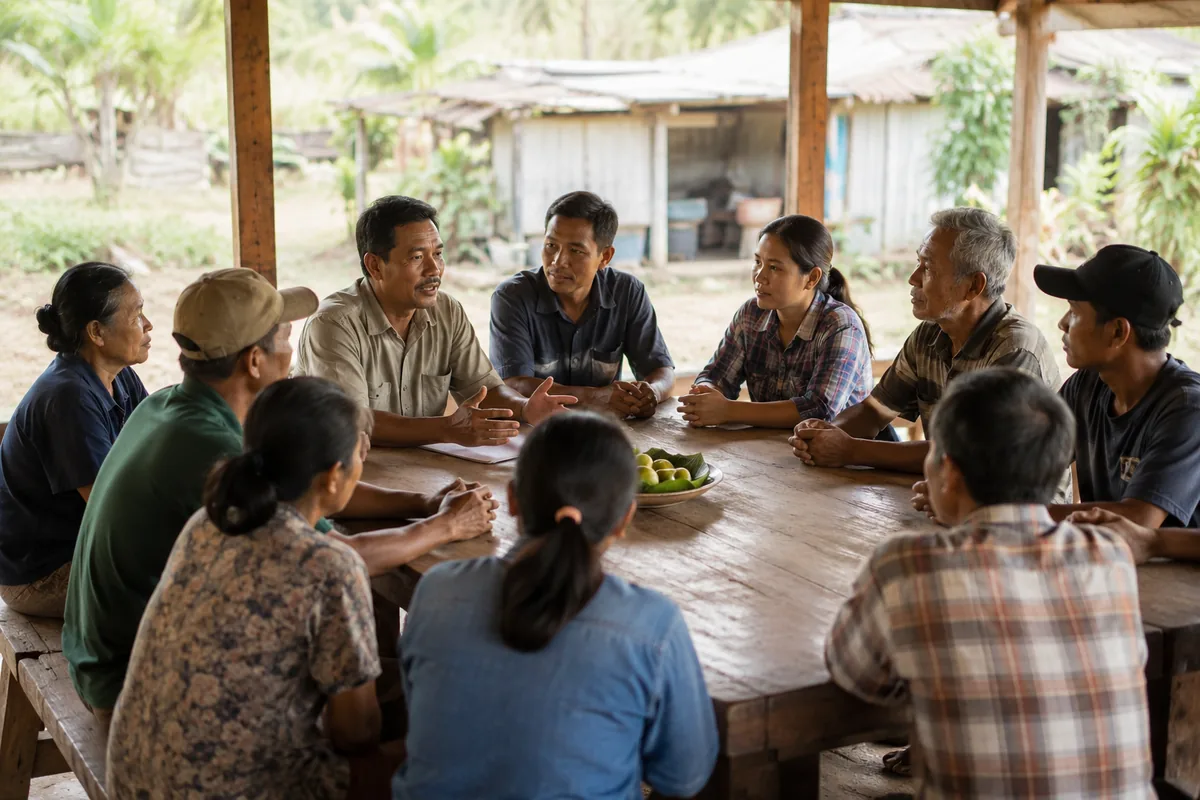 Sekelompok anggota komunitas berkumpul mengelilingi meja kayu panjang di teras rumah kampung di Kalimantan, berdiskusi bersama dalam suasana musyawarah / A group of community members gathered around a long wooden table on a village house porch in Kalimantan, deliberating together
