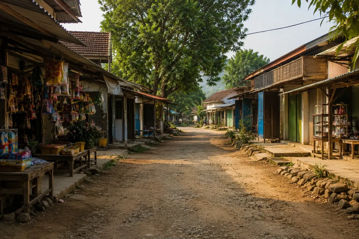 Pemandangan jalan kampung dengan warung-warung kayu sederhana di pagi hari, gambar kehidupan ekonomi rakyat kecil yang tenang / A village street with simple wooden stalls in the morning, picturing the quiet life of small-scale community commerce