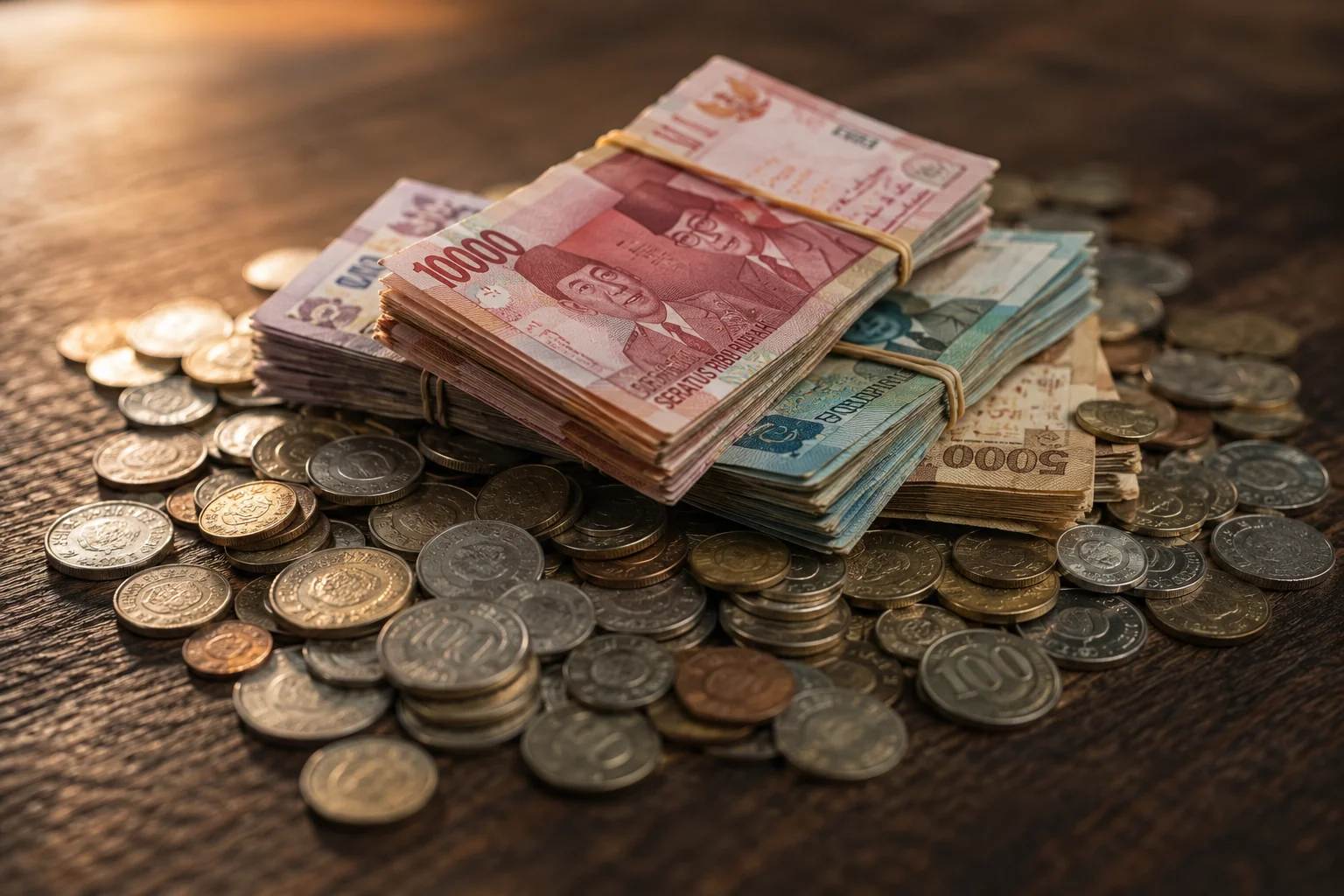 Tumpukan uang kertas rupiah yang diikat karet dan koin-koin rupiah tergeletak di atas meja kayu dengan cahaya hangat / A stack of Indonesian rupiah banknotes tied with rubber bands and rupiah coins resting on a wooden table under warm light