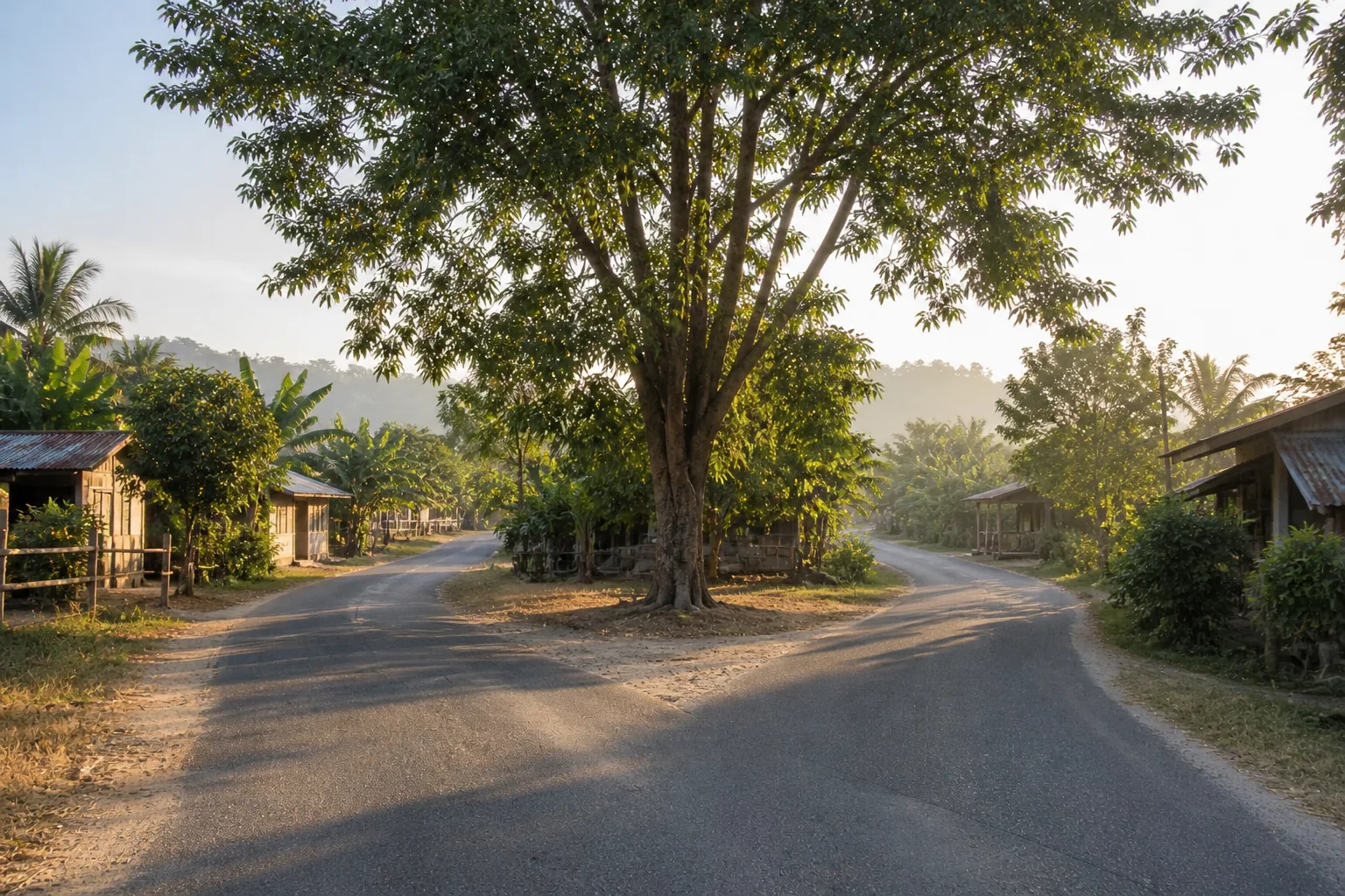 Sebuah pohon besar berdiri di tengah persimpangan jalan desa di pagi hari, cabang-cabangnya menaungi dua jalur yang membentang ke arah berbeda / A large tree standing at the fork of a village road at sunrise, its branches sheltering two paths that stretch in different directions