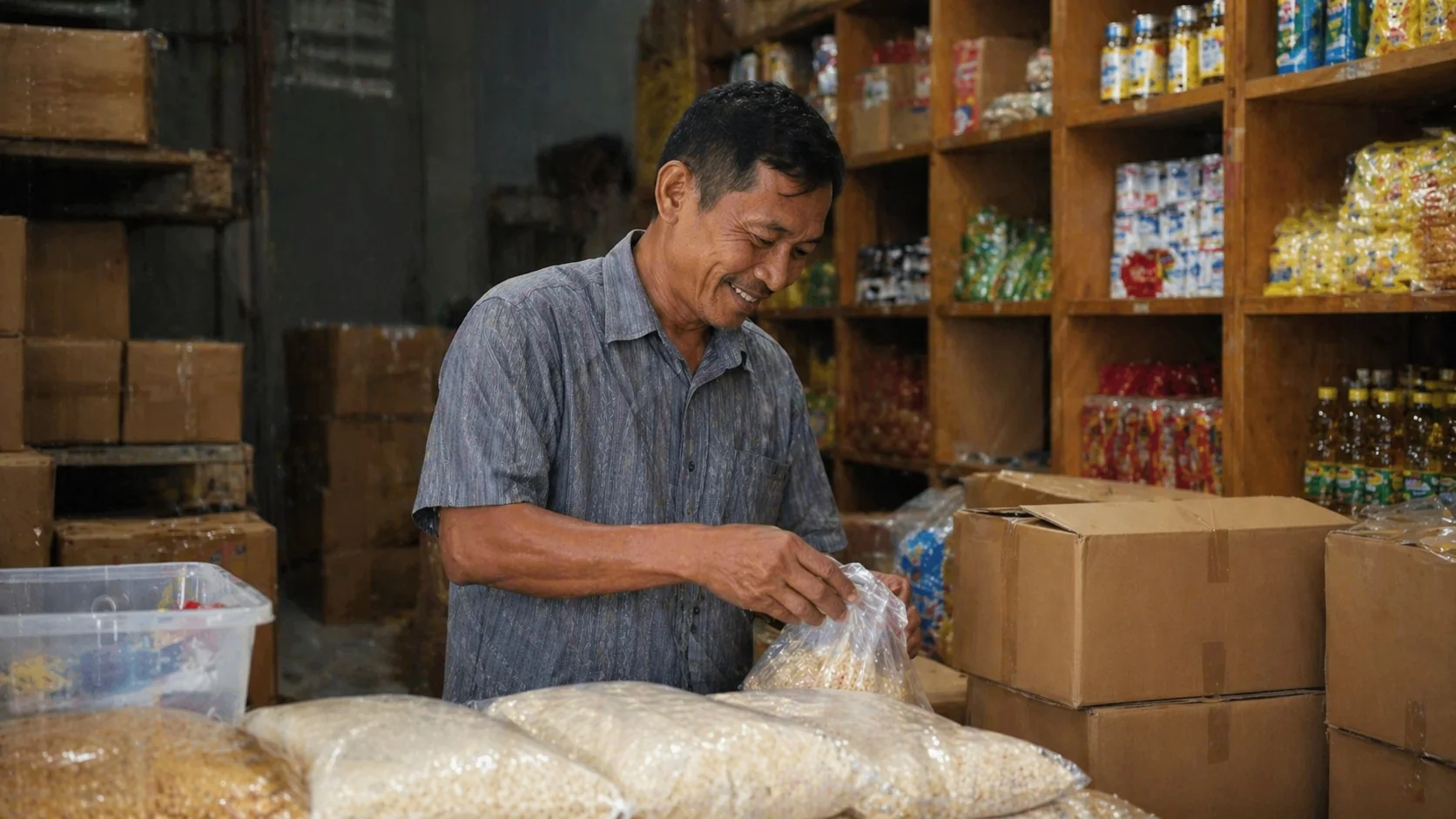 Pemilik warung kecil tersenyum saat menimbang dagangan di antara rak kayu sederhana, gambaran ekonomi komunitas yang masih hidup di belahan bumi selatan / A small shopkeeper smiles while weighing his goods among simple wooden shelves, an image of the living community economy in the Global South